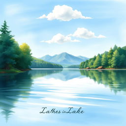 A serene lakeside scene illustrated in watercolor, depicting a tranquil body of water surrounded by lush greenery and trees