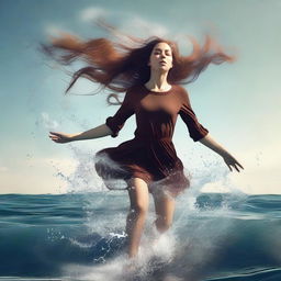 A high-resolution digital art image that captures a unique scene of a girl with brown hair in the ocean, positioned as if she is falling through the air