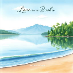A serene lakeside scene illustrated in watercolor, depicting a tranquil body of water surrounded by lush greenery and trees