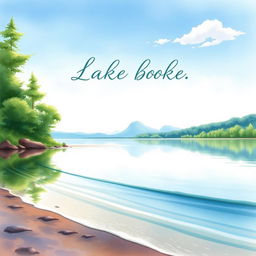A serene lakeside scene illustrated in watercolor, depicting a tranquil body of water surrounded by lush greenery and trees