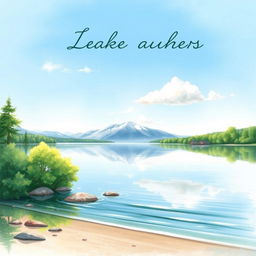 A serene lakeside scene illustrated in watercolor, depicting a tranquil body of water surrounded by lush greenery and trees