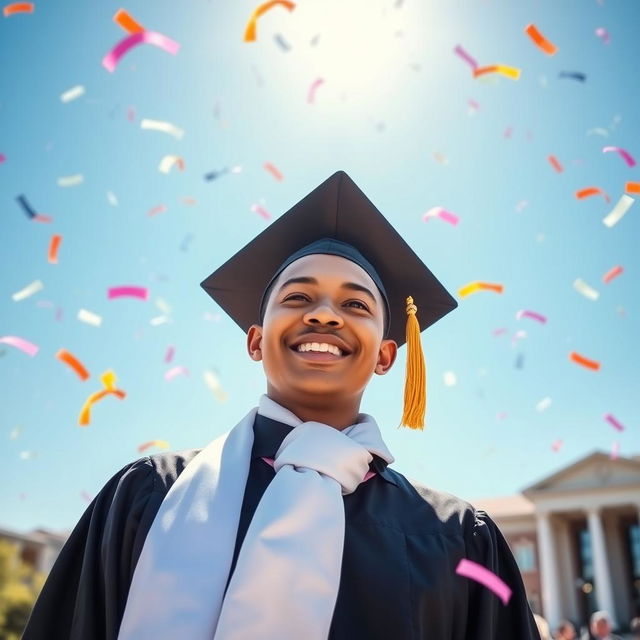 A graduate dressed in a traditional black graduation gown and cap, holding a white scarf elegantly around their neck