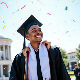 A graduate dressed in a traditional black graduation gown and cap, holding a white scarf elegantly around their neck