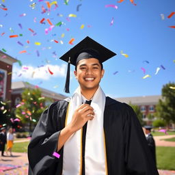 A graduate dressed in a traditional black graduation gown and cap, holding a white scarf elegantly around their neck