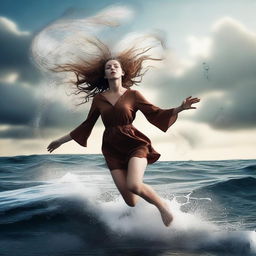 A high-resolution digital art image that captures a unique scene of a girl with brown hair in the ocean, positioned as if she is falling through the air