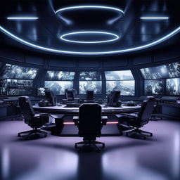 futuristic SWAT control room  with 5 chairs at console and 1 detached chair at separate screen  based on https://files.dreamhome.software/files/static/36651