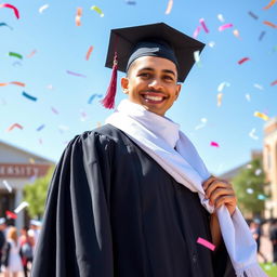 A graduate dressed in a traditional black graduation gown and cap, holding a white scarf elegantly around their neck