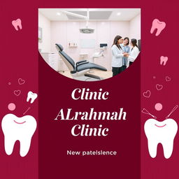 An advertising poster for 'ALrahmah Clinic', a dental clinic, designed with a dark pink and burgundy color scheme