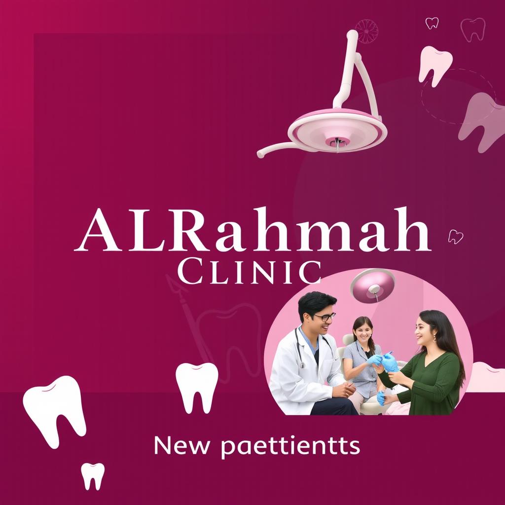 An advertising poster for 'ALrahmah Clinic', a dental clinic, designed with a dark pink and burgundy color scheme