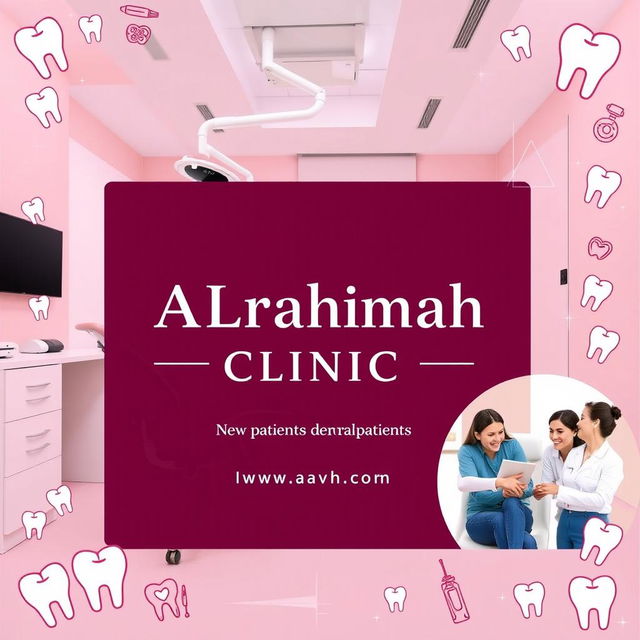 An advertising poster for 'ALrahmah Clinic', a dental clinic, designed with a dark pink and burgundy color scheme