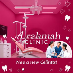 An advertising poster for 'ALrahmah Clinic', a dental clinic, designed with a dark pink and burgundy color scheme