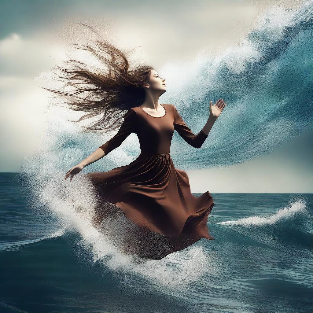 A high-resolution digital art image that captures a unique scene of a girl with brown hair in the ocean, positioned as if she is falling through the air