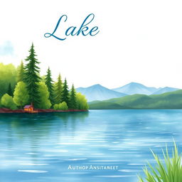 A serene lakeside scene illustrated in watercolor, showcasing a peaceful setting with gentle ripples on the water, surrounded by vibrant greenery and tall trees