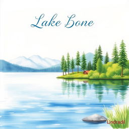 A serene lakeside scene illustrated in watercolor, showcasing a peaceful setting with gentle ripples on the water, surrounded by vibrant greenery and tall trees