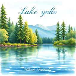 A serene lakeside scene illustrated in watercolor, showcasing a peaceful setting with gentle ripples on the water, surrounded by vibrant greenery and tall trees