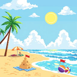 A vibrant pixel art scene depicting a sunny beach with golden sands, bright blue waves lapping the shore, and palm trees swaying gently in the breeze