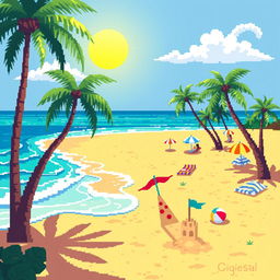 A vibrant pixel art scene depicting a sunny beach with golden sands, bright blue waves lapping the shore, and palm trees swaying gently in the breeze