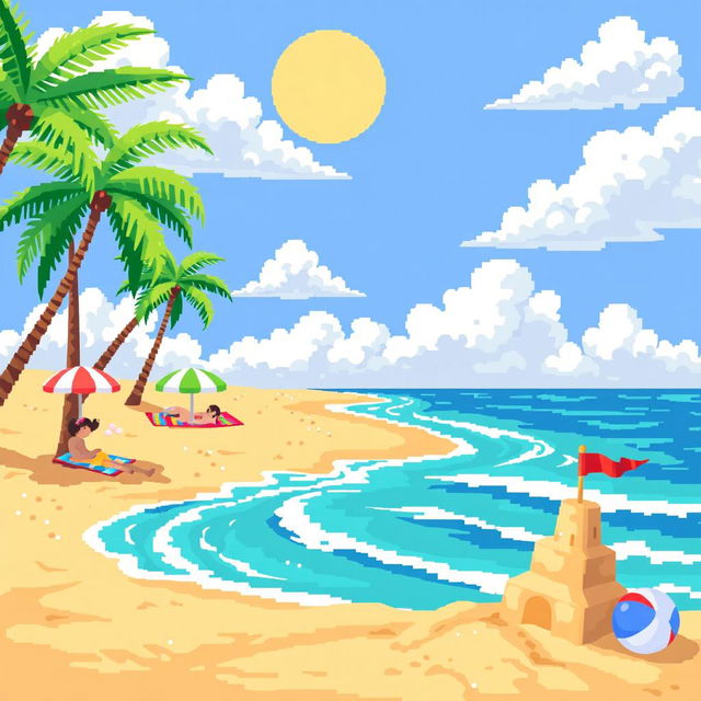 A vibrant pixel art scene depicting a sunny beach with golden sands, bright blue waves lapping the shore, and palm trees swaying gently in the breeze