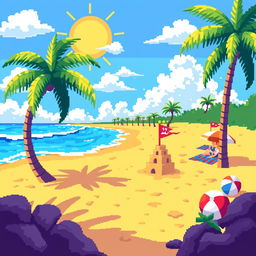 A vibrant pixel art scene depicting a sunny beach with golden sands, bright blue waves lapping the shore, and palm trees swaying gently in the breeze