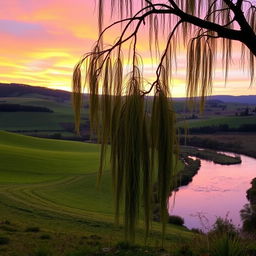 A serene landscape with rolling hills, lush green fields stretching into the distance, and a peaceful river winding through the scene
