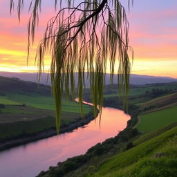 A serene landscape with rolling hills, lush green fields stretching into the distance, and a peaceful river winding through the scene