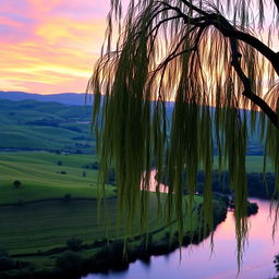 A serene landscape with rolling hills, lush green fields stretching into the distance, and a peaceful river winding through the scene