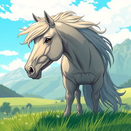A beautifully detailed illustration of a majestic and powerful horse, captured in a picturesque landscape, showcasing its flowing mane and strong muscular build, standing atop a lush green meadow under a bright blue sky, with mountains in the background and a gentle breeze creating an ethereal atmosphere