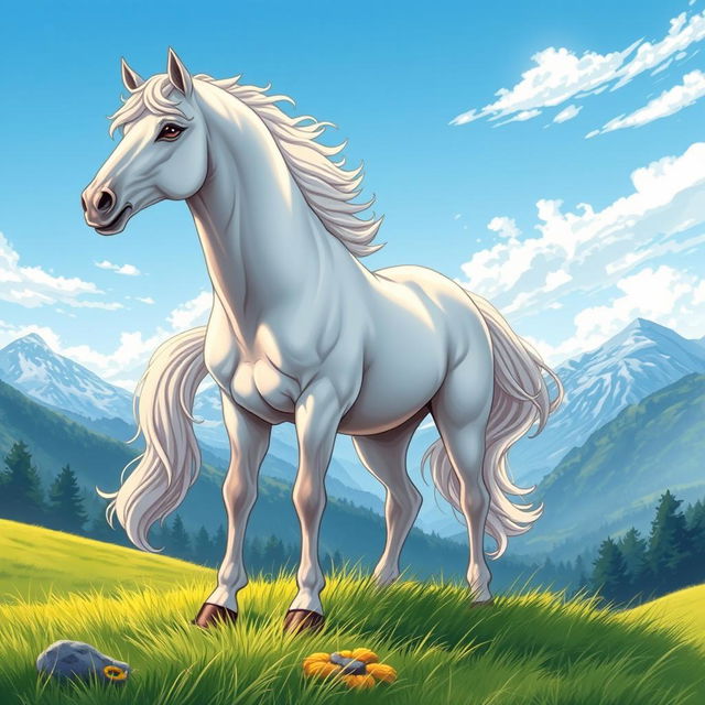 A beautifully detailed illustration of a majestic and powerful horse, captured in a picturesque landscape, showcasing its flowing mane and strong muscular build, standing atop a lush green meadow under a bright blue sky, with mountains in the background and a gentle breeze creating an ethereal atmosphere