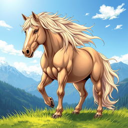 A beautifully detailed illustration of a majestic and powerful horse, captured in a picturesque landscape, showcasing its flowing mane and strong muscular build, standing atop a lush green meadow under a bright blue sky, with mountains in the background and a gentle breeze creating an ethereal atmosphere