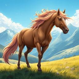 A beautifully detailed illustration of a majestic and powerful horse, captured in a picturesque landscape, showcasing its flowing mane and strong muscular build, standing atop a lush green meadow under a bright blue sky, with mountains in the background and a gentle breeze creating an ethereal atmosphere