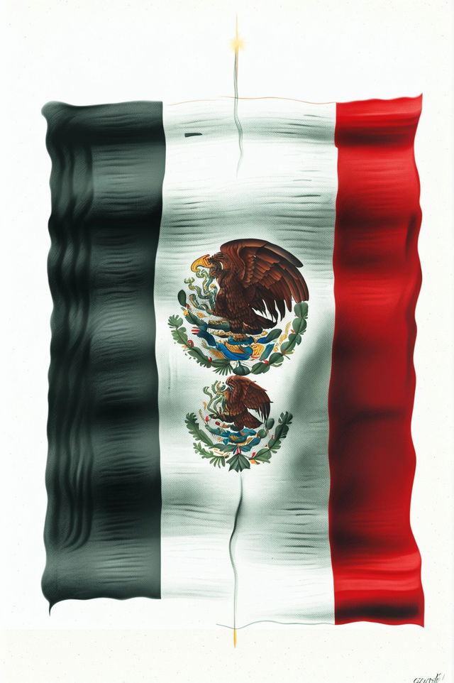 A high-quality, hand-drawn image of the Mexican flag in its traditional tricolor form with the coat of arms of Mexico in the center