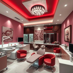 An elegant dental clinic named ALrahmah clinic, featuring a stylish interior design in dark pink and burgundy colors