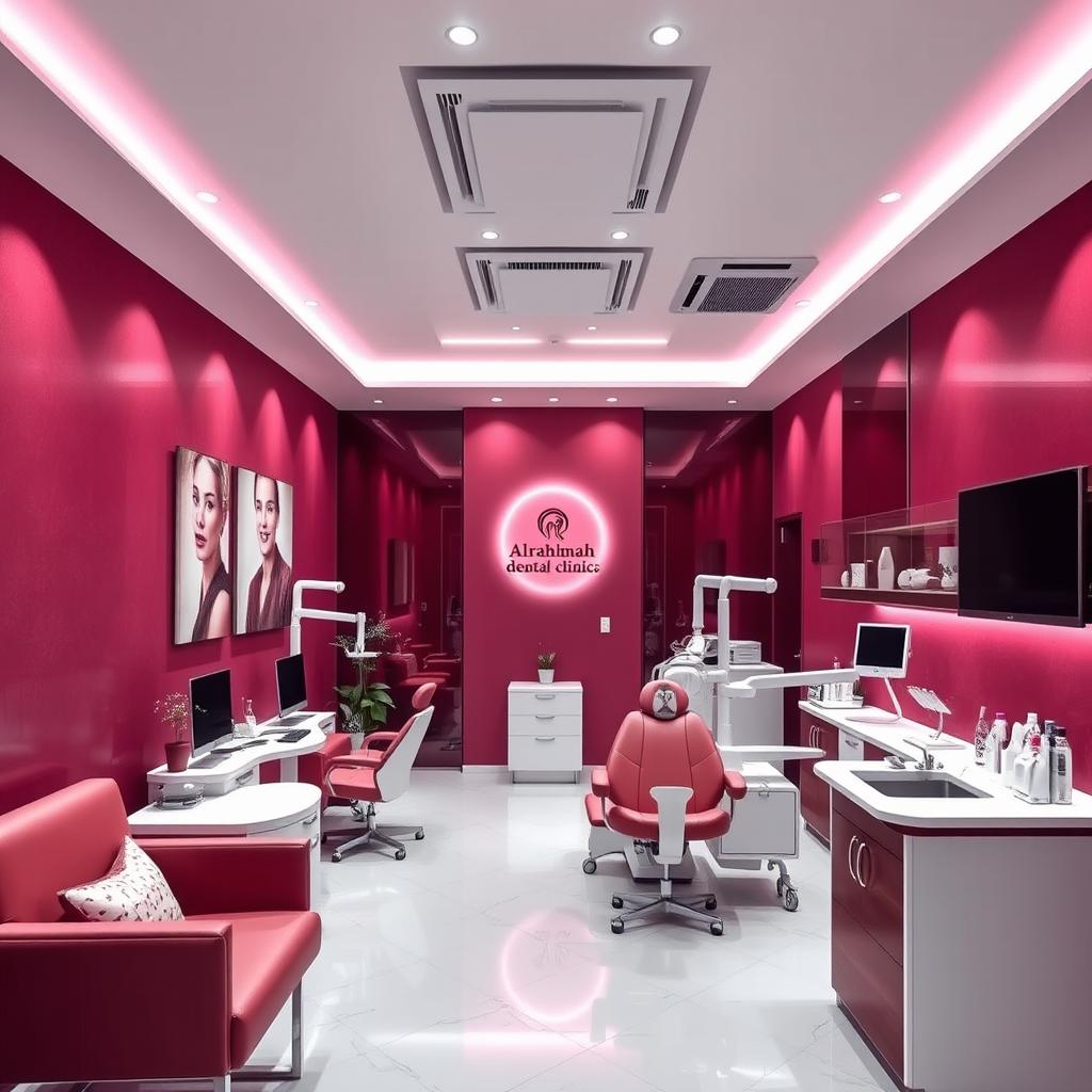 An elegant dental clinic named ALrahmah clinic, featuring a stylish interior design in dark pink and burgundy colors