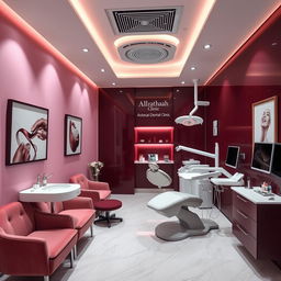 An elegant dental clinic named ALrahmah clinic, featuring a stylish interior design in dark pink and burgundy colors