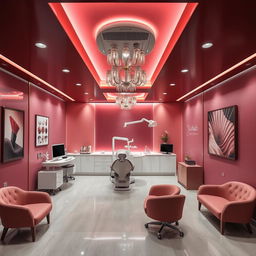 An elegant dental clinic named ALrahmah clinic, featuring a stylish interior design in dark pink and burgundy colors