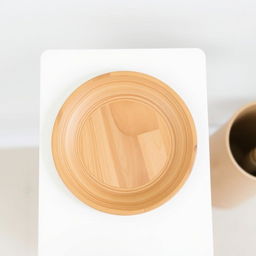 A minimalist scene featuring a sleek white table set against a soft, neutral background