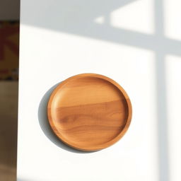 A clean and modern white table featuring an empty, rustic wooden plate centrally placed on it