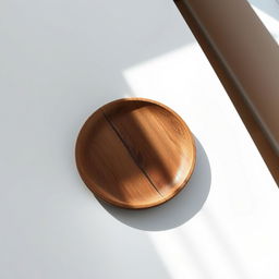 A clean and modern white table featuring an empty, rustic wooden plate centrally placed on it
