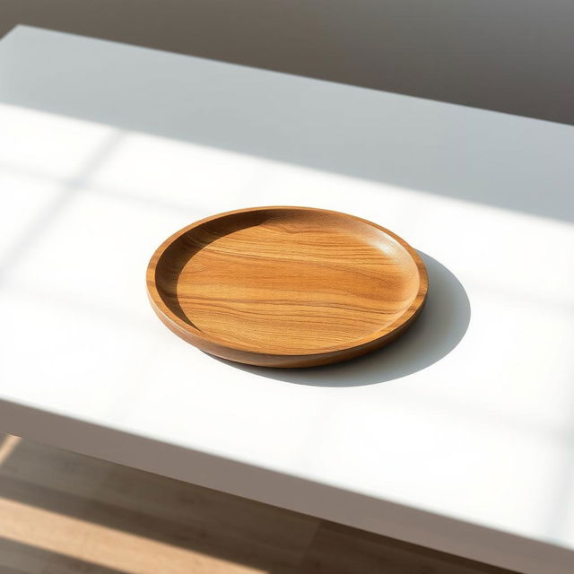 A clean and modern white table featuring an empty, rustic wooden plate centrally placed on it