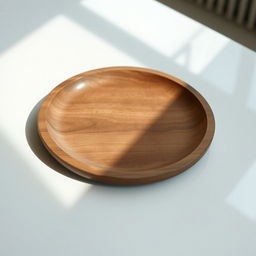 A clean and modern white table featuring an empty, rustic wooden plate centrally placed on it