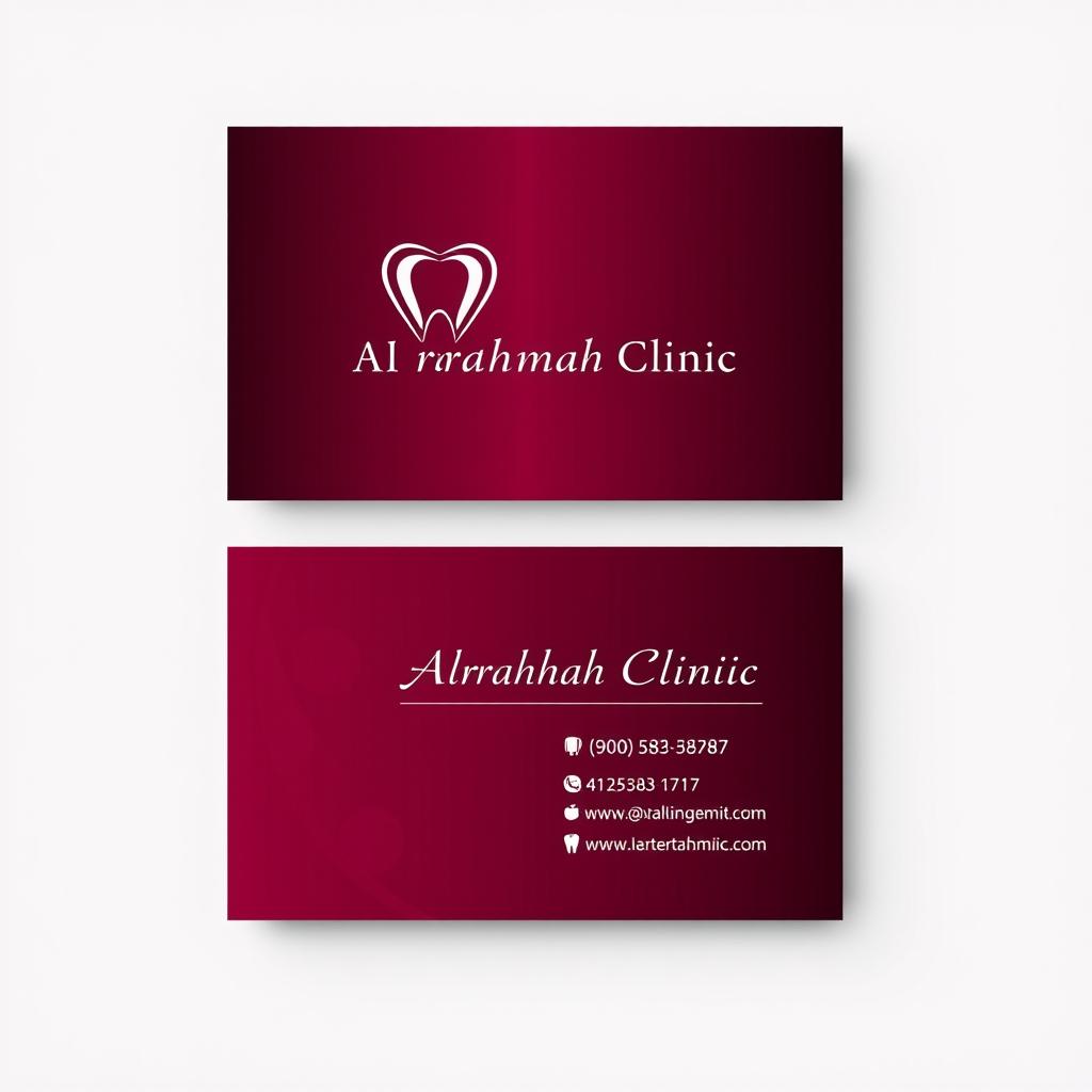 An elegant business card design for 'ALrahmah Clinic', a high-end dental clinic