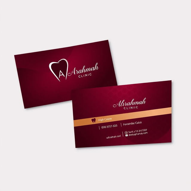 An elegant business card design for 'ALrahmah Clinic', a high-end dental clinic