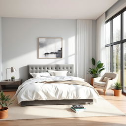 A beautifully designed modern bedroom featuring a king-size bed with soft, white linens and an elegant gray velvet headboard
