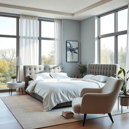 A beautifully designed modern bedroom featuring a king-size bed with soft, white linens and an elegant gray velvet headboard