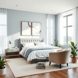 A beautifully designed modern bedroom featuring a king-size bed with soft, white linens and an elegant gray velvet headboard