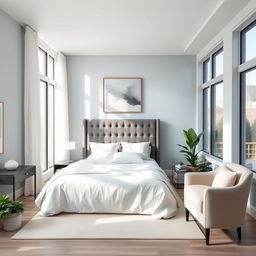 A beautifully designed modern bedroom featuring a king-size bed with soft, white linens and an elegant gray velvet headboard