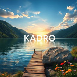 A vibrant, artistic landscape featuring a serene lake surrounded by lush green mountains under a clear blue sky