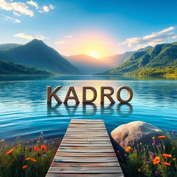 A vibrant, artistic landscape featuring a serene lake surrounded by lush green mountains under a clear blue sky