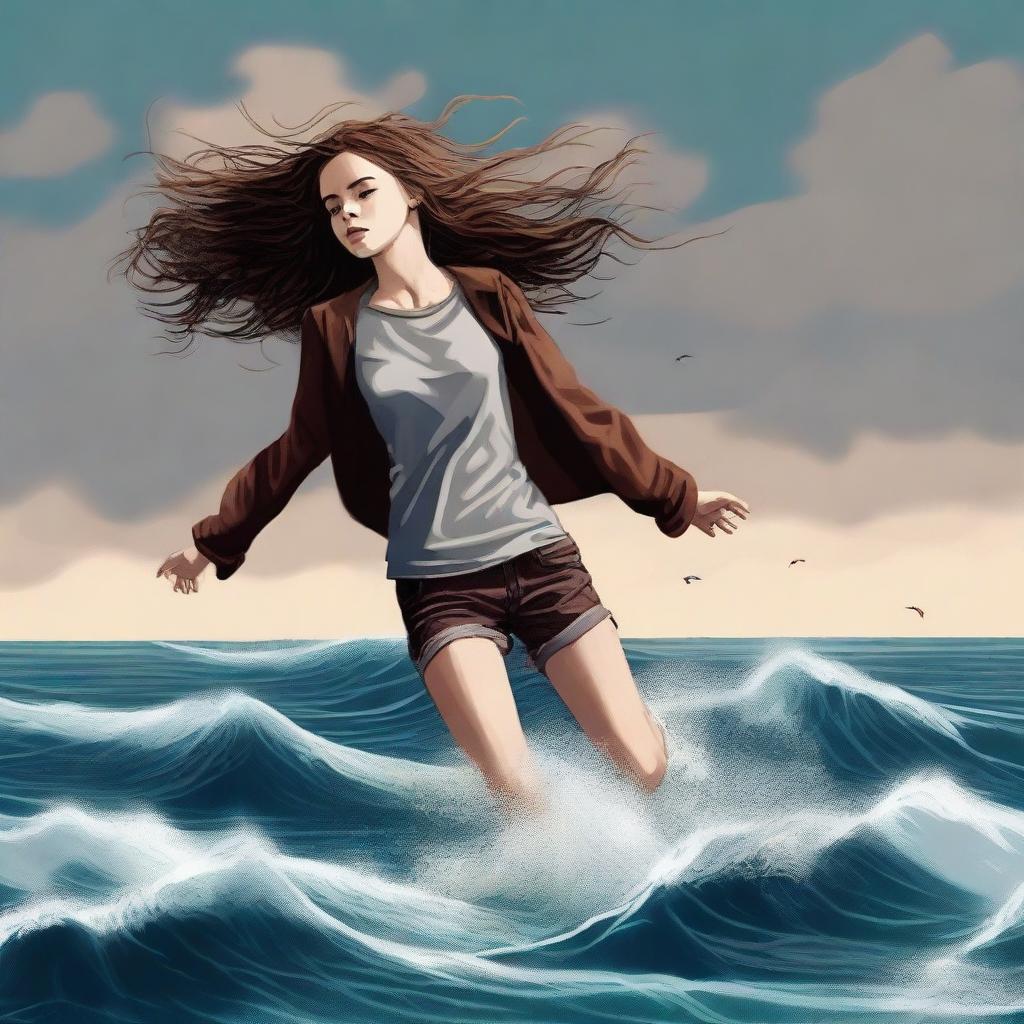 This is a high-quality digital art image that captures a teen girl with brown hair, dressed in casual clothes, suspended in the air above a tumultuous ocean