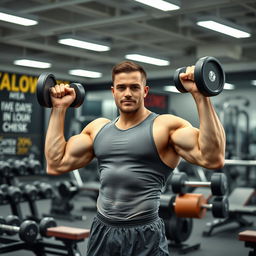 A man with an average gym body after one year of training, confidently lifting weights in a modern gym setting